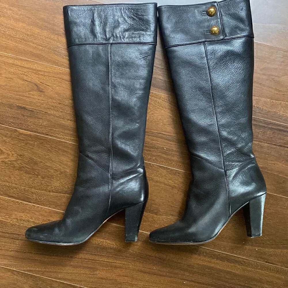 Kate Spade 7 Belinda Button tall black leather heeled boots